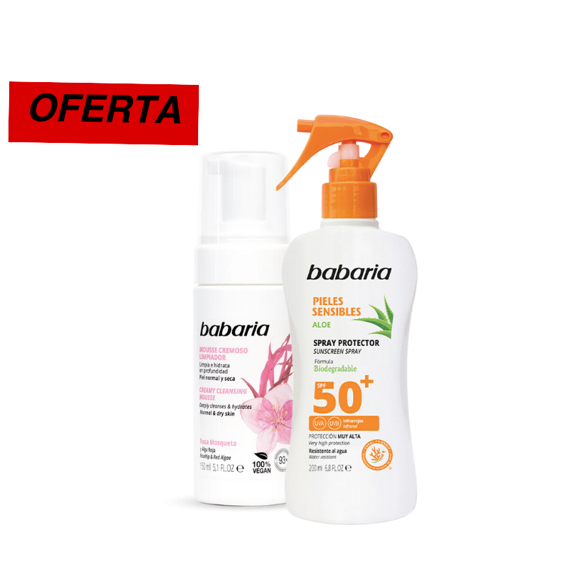 Kit Spray Protector Solar Pieles Sensibles + Mousse Limpiador Rosa Mosqueta - Babaria